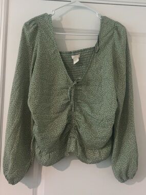 H&M Green Floral Drawstring V-Neck Blouse